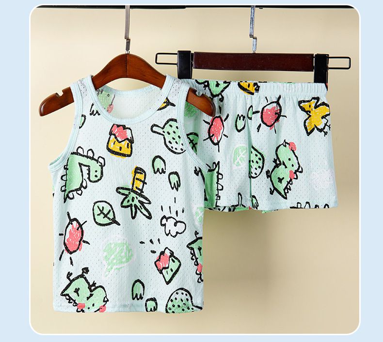 卡通網眼洞洞無袖家居服套裝/空調服-貓咪-粉色