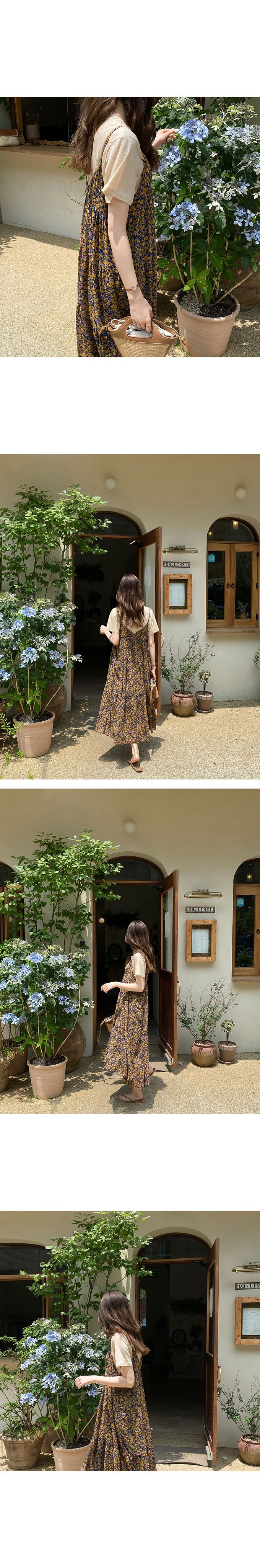 韓國女裝代購 - 復古花漾細肩帶連身洋裝-黃紫 (FREE)