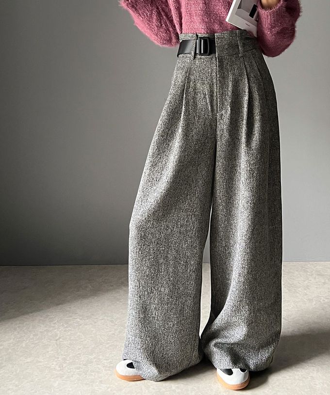 日本 Classical Elf - 腰帶造型粗花呢高腰美腿寬褲-淺杏