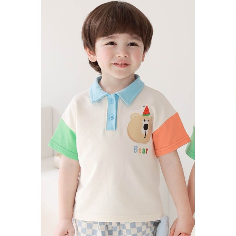 撞色翻領短袖上衣-西瓜熊-綠X橘