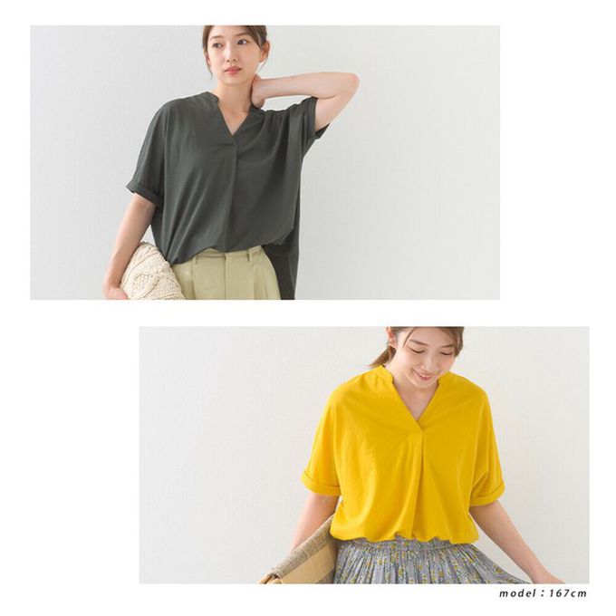 日本 OMNES - 接觸涼感 嫘縈休閒V領前短後長上衣-灰棕