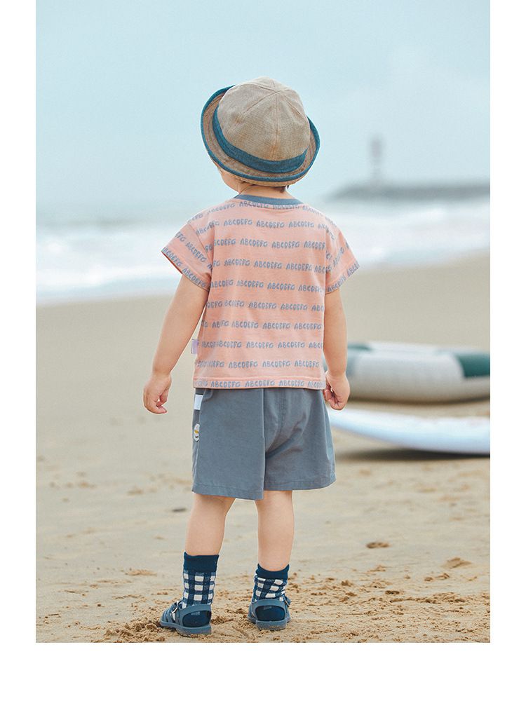 百搭休閒短袖套裝-英文字母-粉+藍