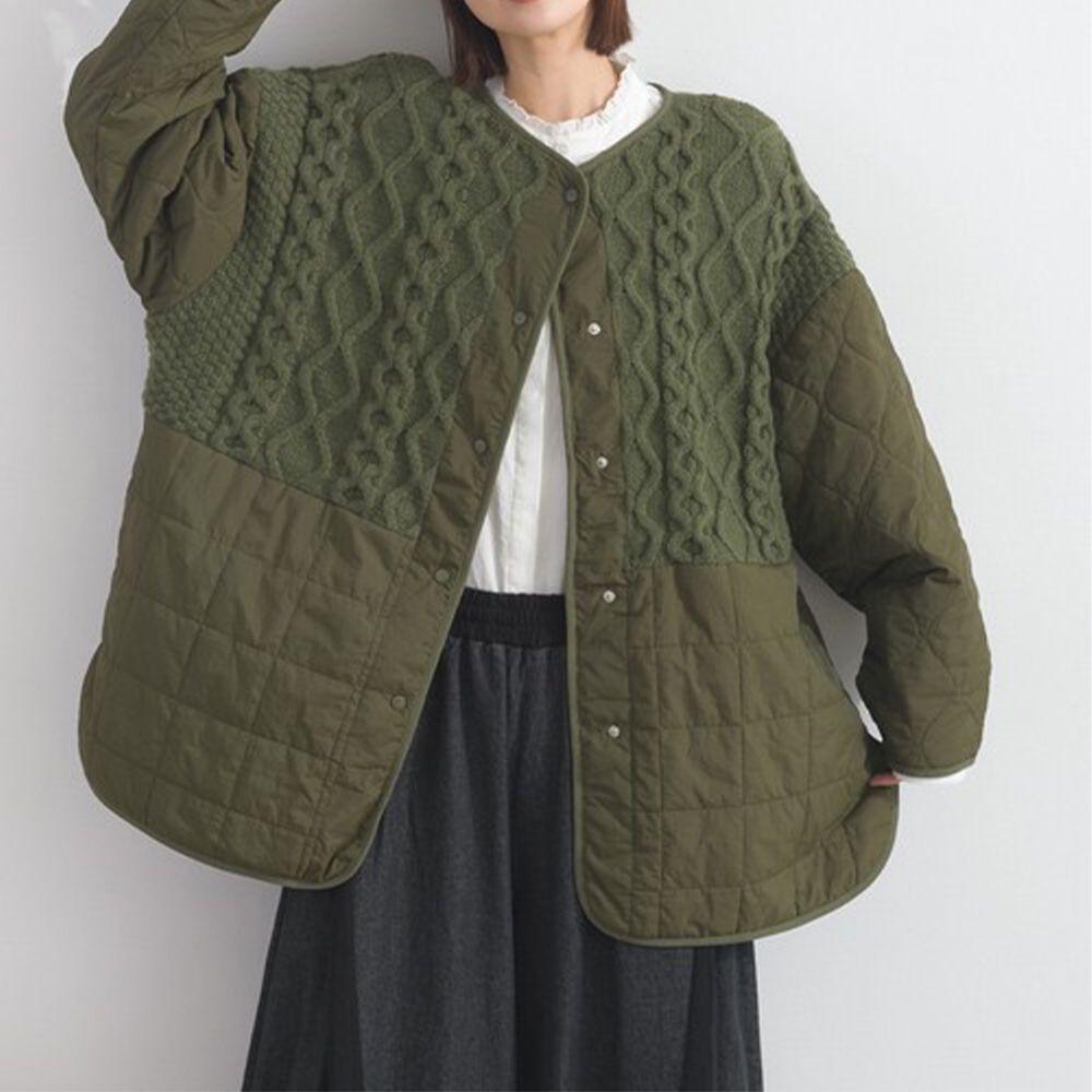 小清新麻花針織絎縫無領外套-橄欖綠