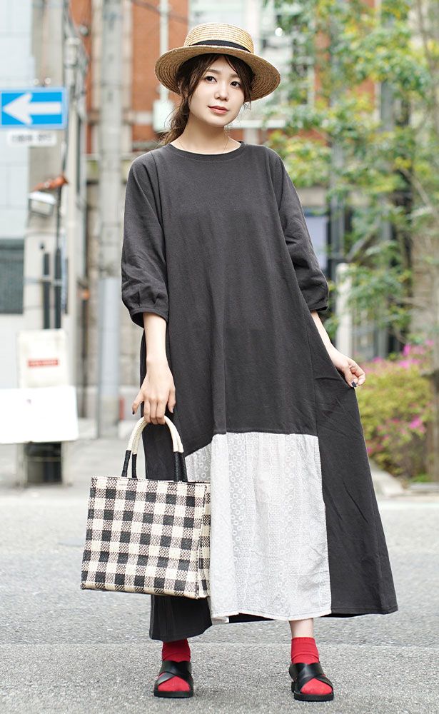 日本 zootie - 純棉蕾絲撞色拼接七分袖長版洋裝-灰杏