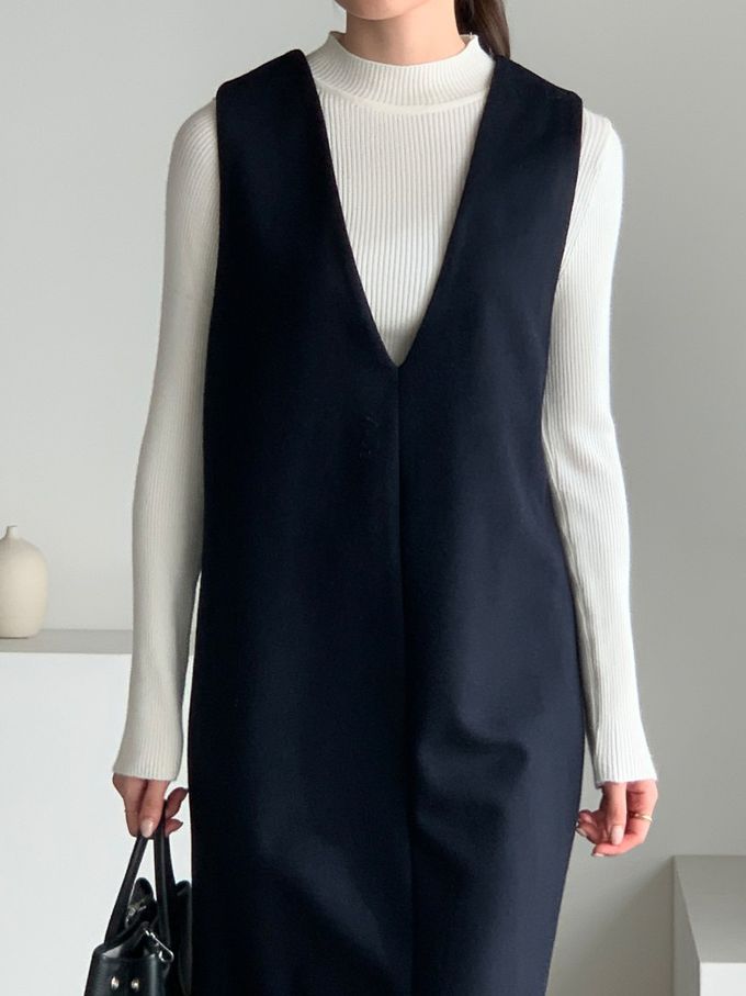 韓國女裝連線 - 簡約V字混羊毛側開連身洋裝-深藍 (FREE)