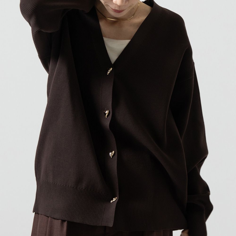 愛心金屬扣柔美羅紋開襟衫/外套-深咖啡
