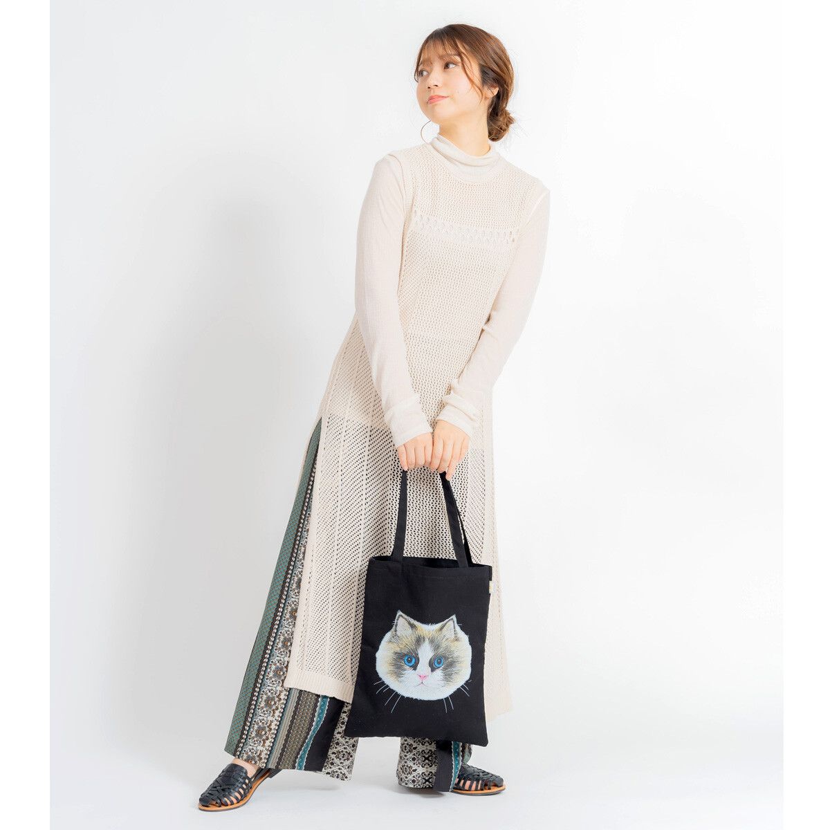 日本 Chepeli - 限量款 貓咪印花托特包/帆布包-曼赤肯貓-米杏 (38x30cm)