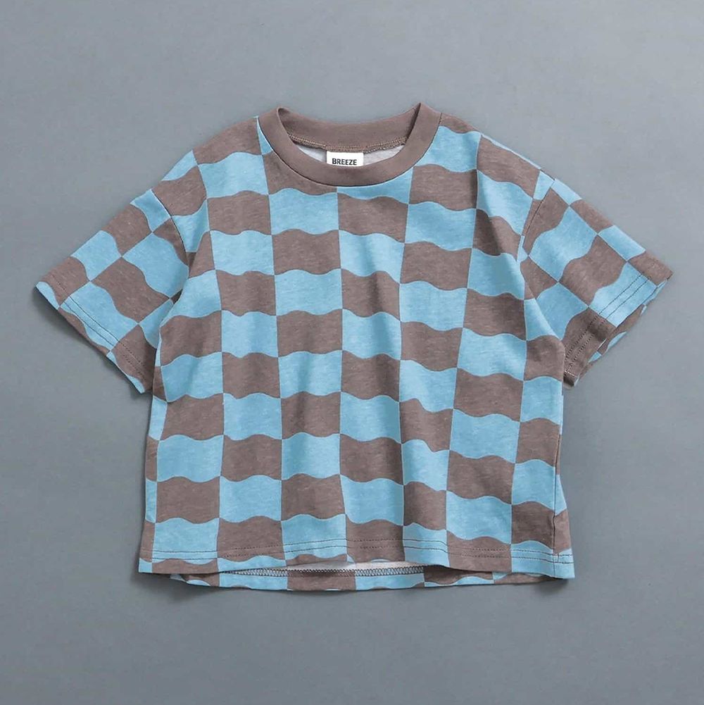 100%棉 活潑滿版短袖上衣-棋盤格-水藍