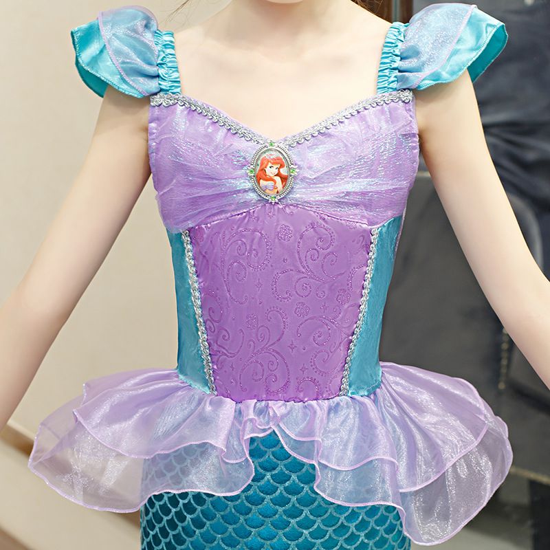 無袖造型連身公主裙-卡通人物-美人魚-藍綠+紫