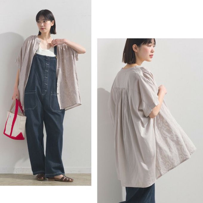 日本 OMNES - 100%棉 透膚感緹花短袖寬版襯衫-淺灰棕