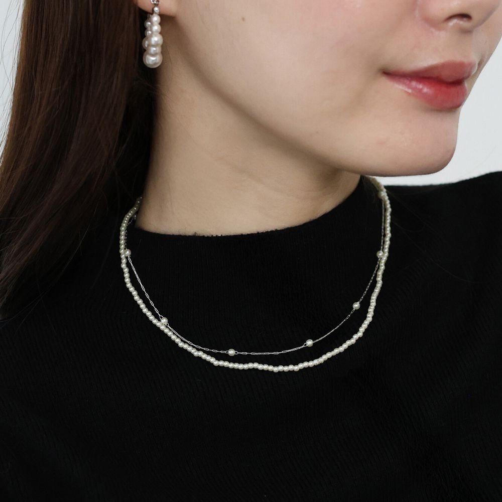 韓國製 精緻雙珍珠造型氣質美人項鏈-銀