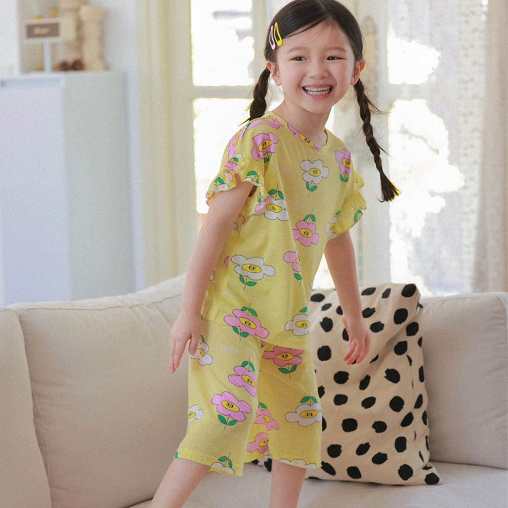 透氣嫘縈短袖家居服-臉孔花花-黃