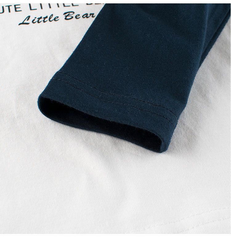 純棉圓領薄長袖上衣-拼色熊熊-米白+深藍