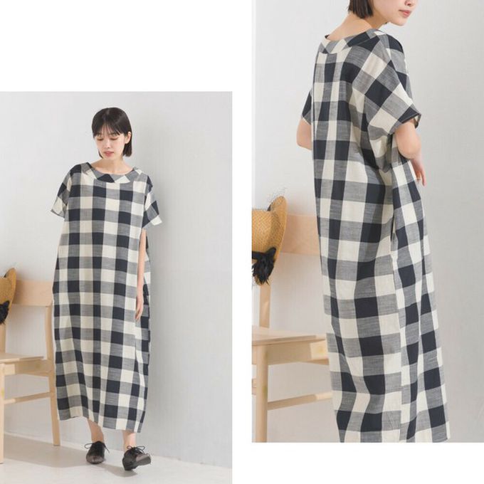 日本 OMNES - 100%印度棉 清爽格紋短袖洋裝-水藍x灰