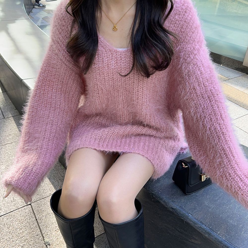微亮毛絨深V露背針織長袖上衣-粉紅 (F)