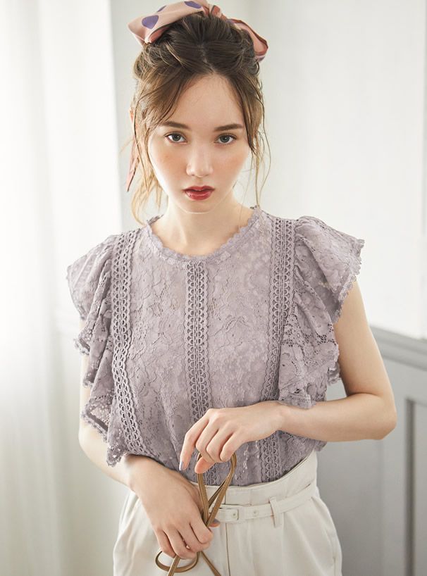 日本 GRL - 華麗蕾絲荷葉邊無袖上衣-灰粉