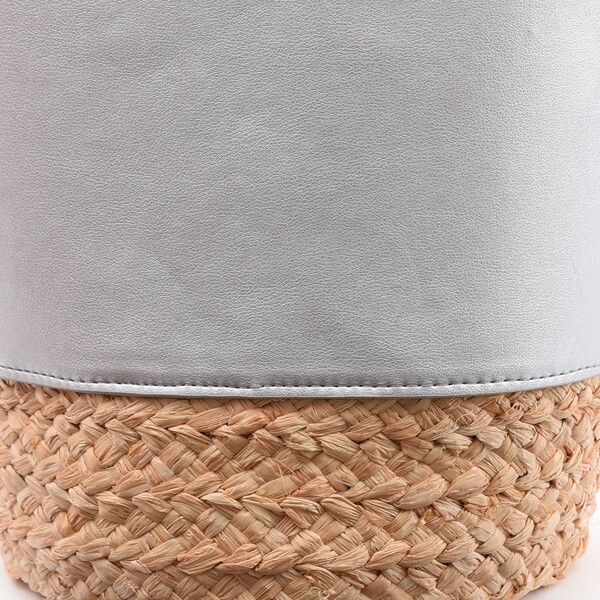 日本 COOCO - 束口仿皮X藤編拼接水桶手提包-銀 (16x20x16cm)