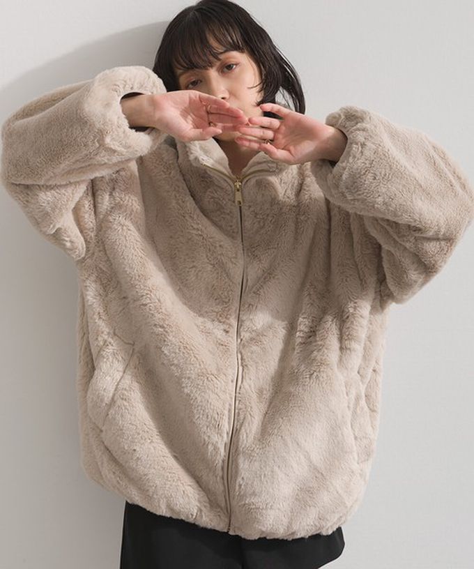 日本 ELENCARE DUE - 奢華毛絨柔軟寬鬆保暖拉鍊外套-炭灰