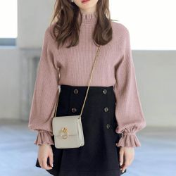 日本 GRL - 糖果袖荷葉領針織上衣-煙燻粉