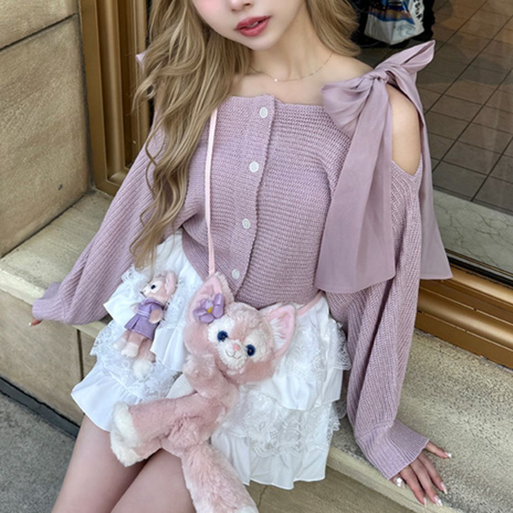 浪漫露肩蝴蝶結寬袖針織開襟衫-粉紅 (F)