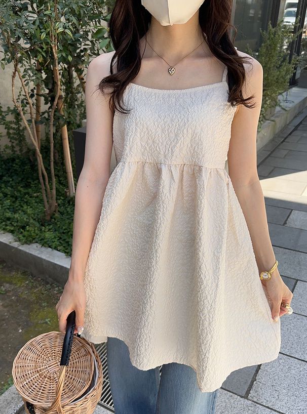 日本 GRL - 甜美泡泡布吊帶背心裙-黑 (F)