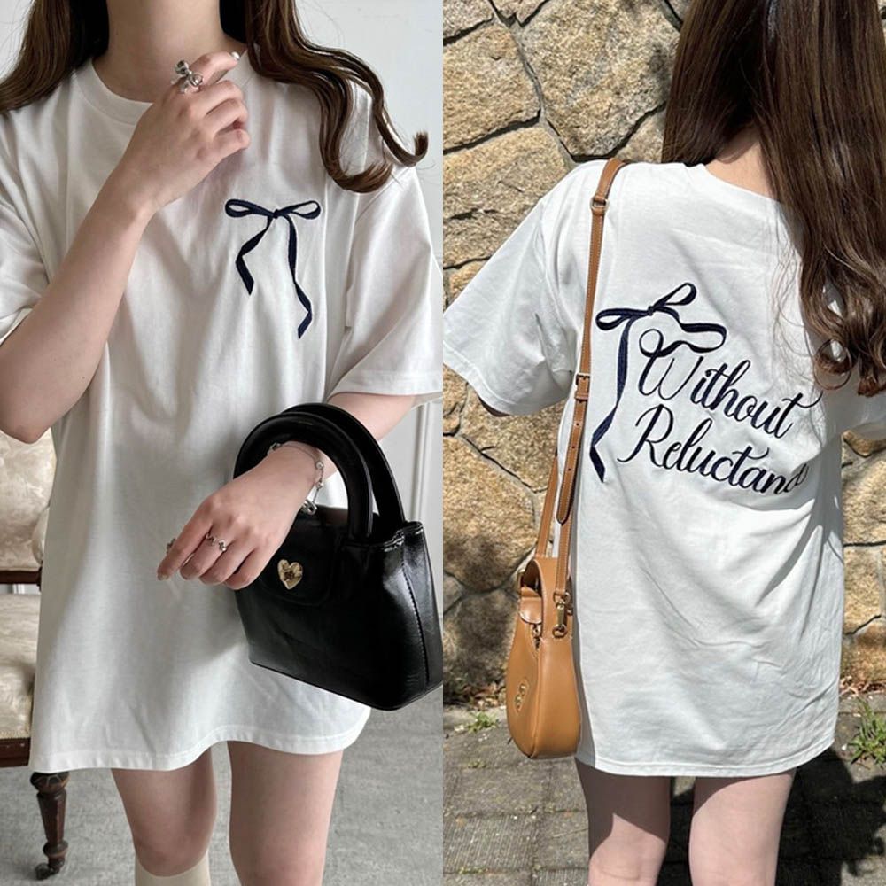 背後絲帶印花休閒長版T恤-白 (F)