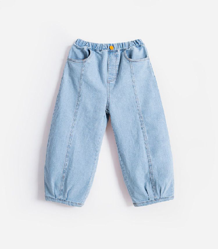 純棉寬鬆休閒牛仔長褲-淺藍色