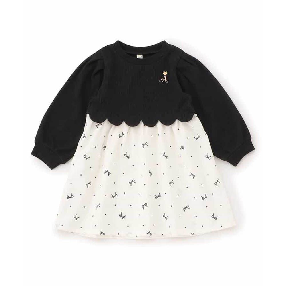 花瓣層次拼接長袖洋裝-蝴蝶結-黑X白