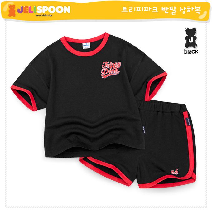 韓國 Jelispoon - 運動風字母小標短袖套裝-黑