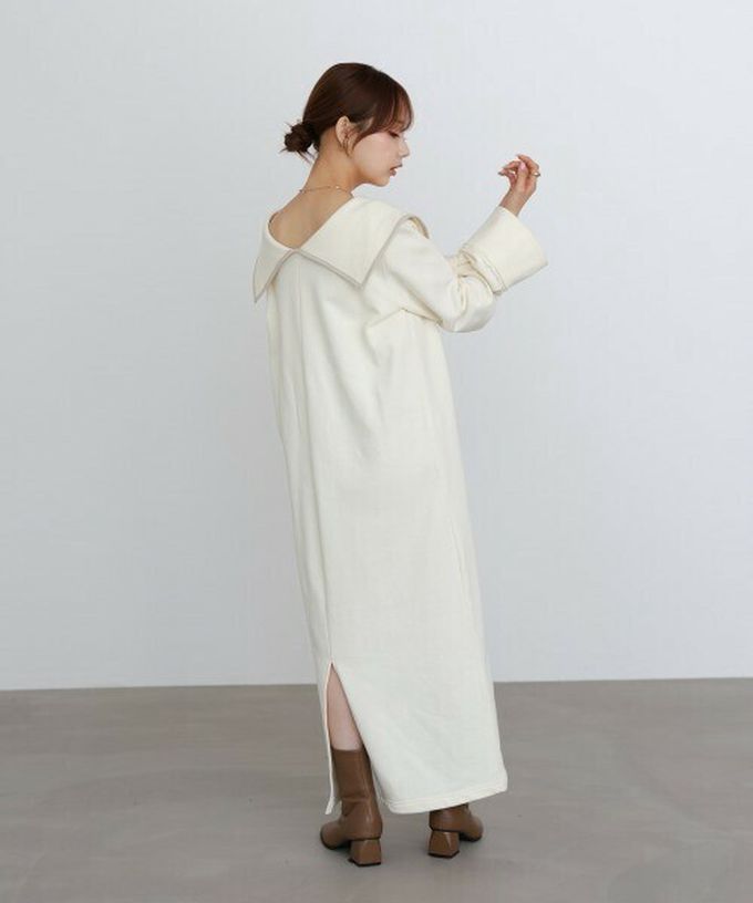 日本 Bab - 滾邊個性大翻領休閒長袖洋裝-深灰