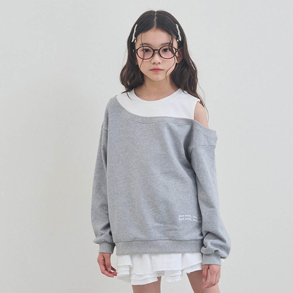 FORK CHIPS 潮流露肩長袖大學T-灰