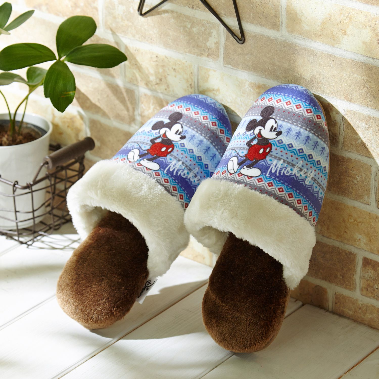 日本千趣會 - 迪士尼 毛絨絨室內拖-米奇圖騰-藍 (22-24cm)