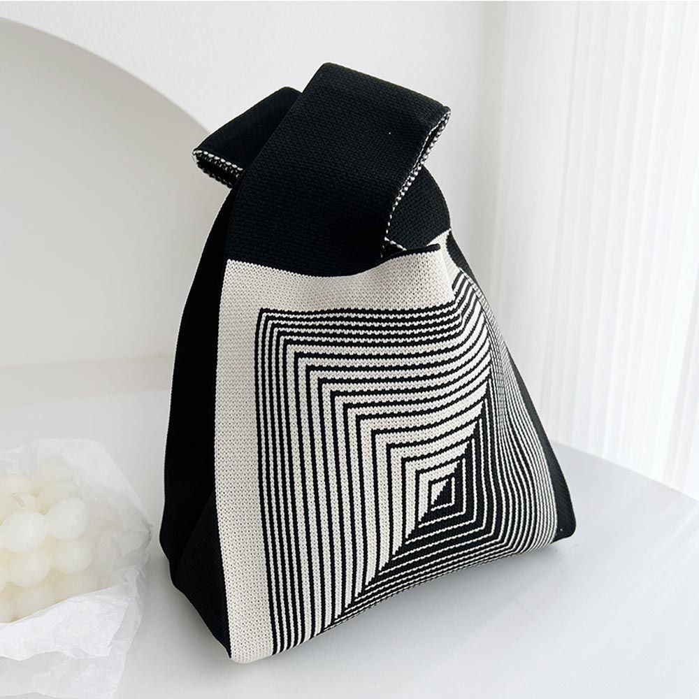 輕便休閒針織手拿包/手提包-黑白幾何-黑+白 (20x35cm)