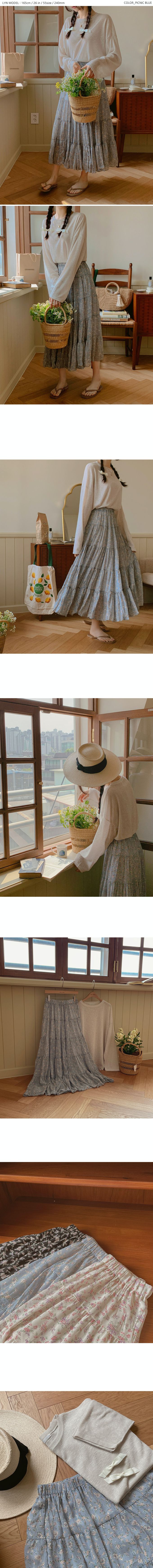 韓國女裝代購 - 鬆緊腰花朵印拼接蛋糕裙-象牙白 (FREE)