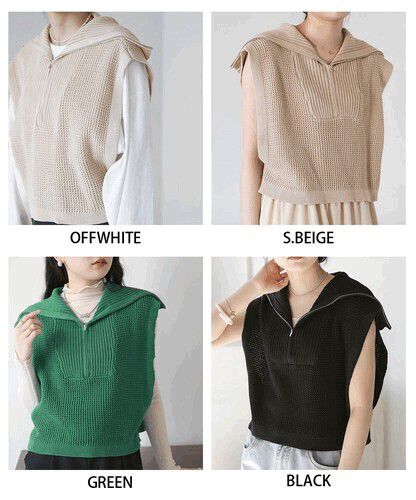 日本 Bou Jeloud - 拉鍊翻領針織背心-黑