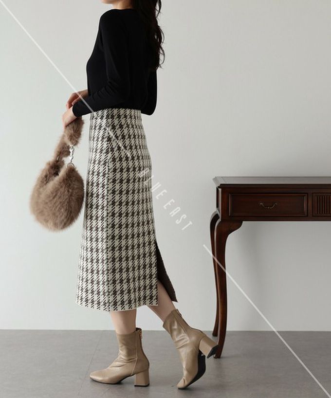 日本 BLUE EAST - 氣質千鳥格針織開叉合身長裙-黑灰