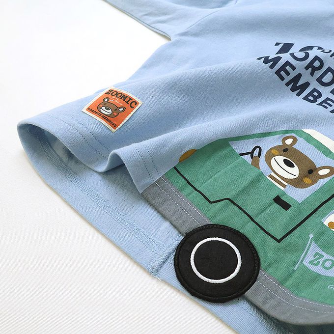 日本 ZOOLAND - 春季出遊印花長袖上衣-熊熊開車-藍