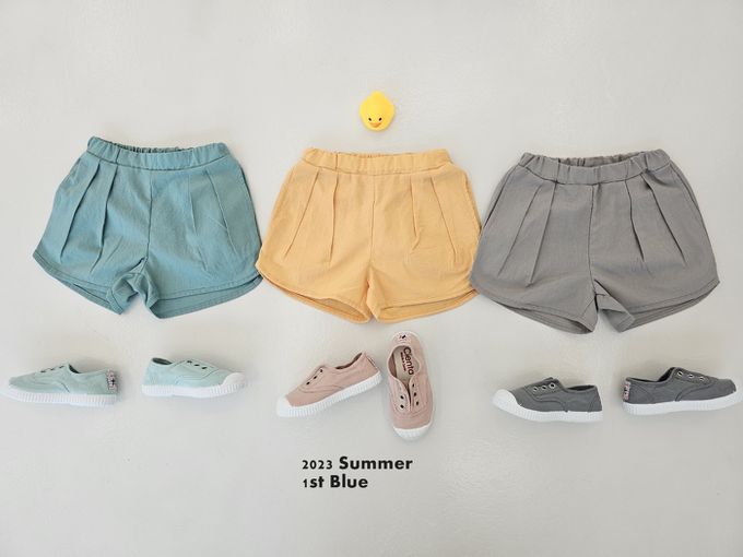 韓國 First Blue - 鬆緊腰日常好搭褶線短褲-亮黃