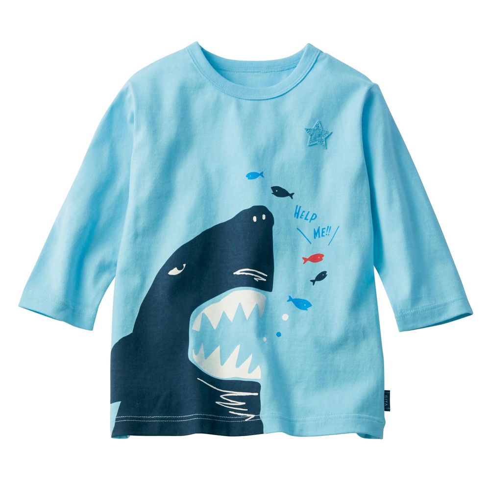 日本千趣會 - GITA 純棉七分袖T-鯊魚吃小魚-水藍