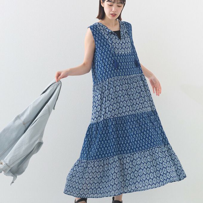日本 OMNES - 100%印度棉 奢華印花流蘇無袖洋裝-深藍