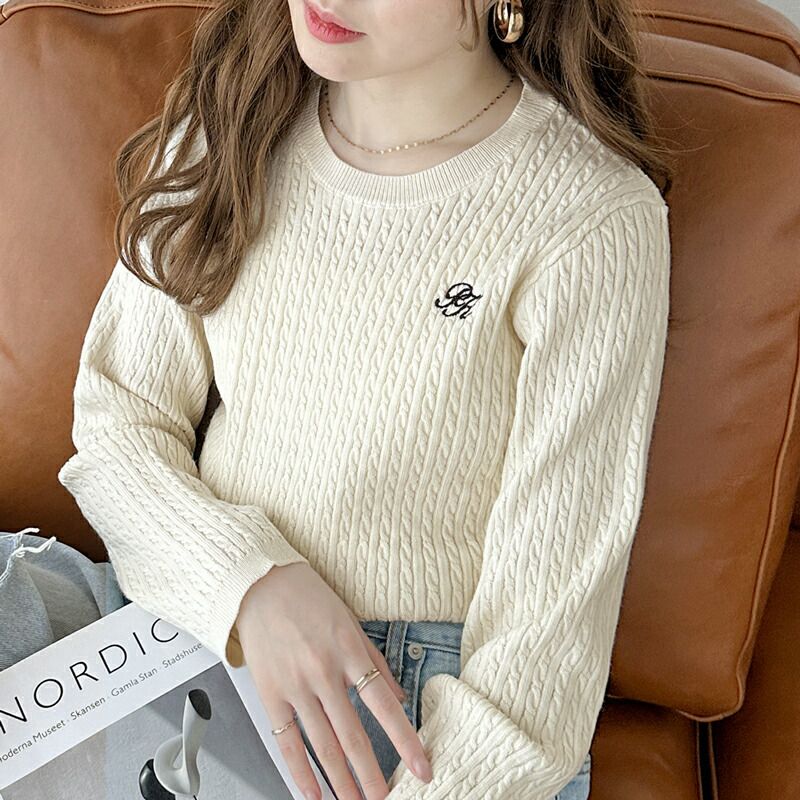 日本 Classical Elf - 學院風logo編花針織長袖上衣-米白x黑邊