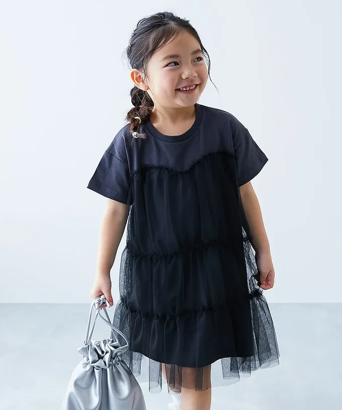 日本 devirock - 柔軟薄紗拼接甜美短袖洋裝-白