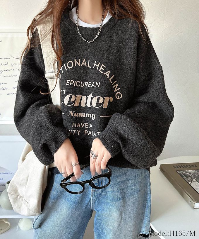 日本 Classical Elf - 前後2way 搶眼標誌印花針織上衣-煙燻藍