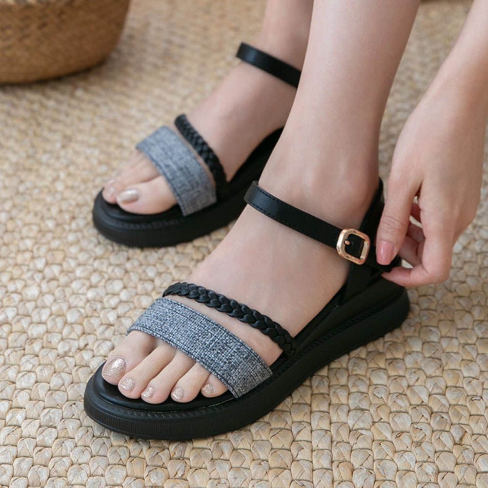 雙織帶軟皮革輕量楔型涼鞋(5cm)-黑