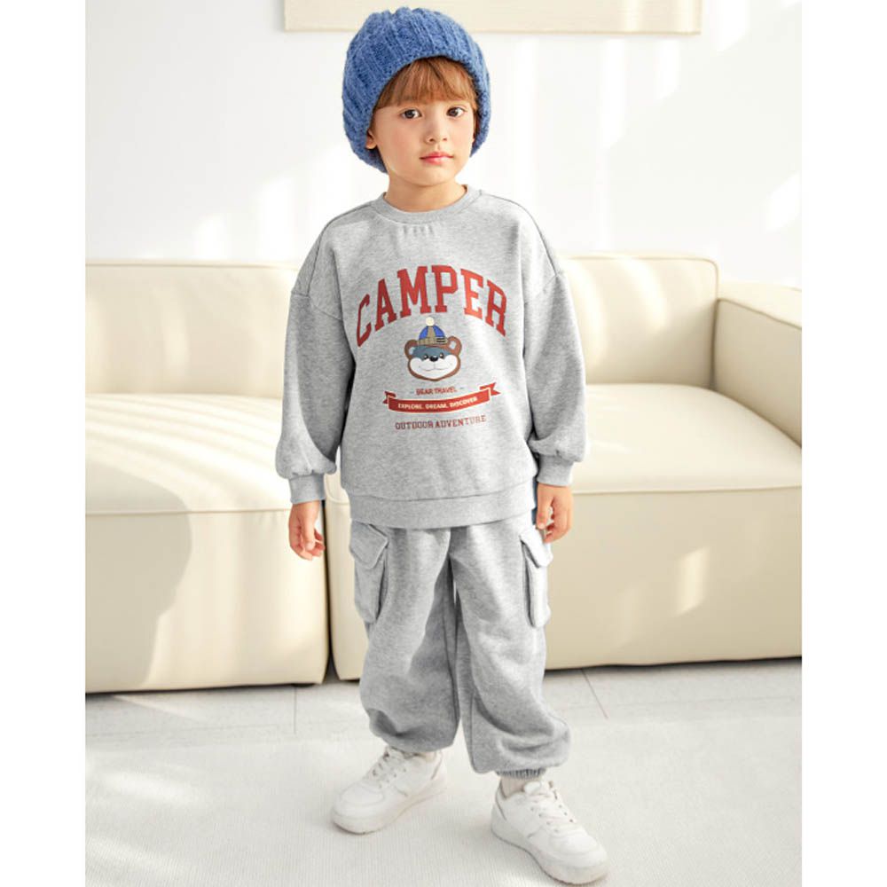 (內磨毛)毛帽熊熊休閒長袖套裝-灰