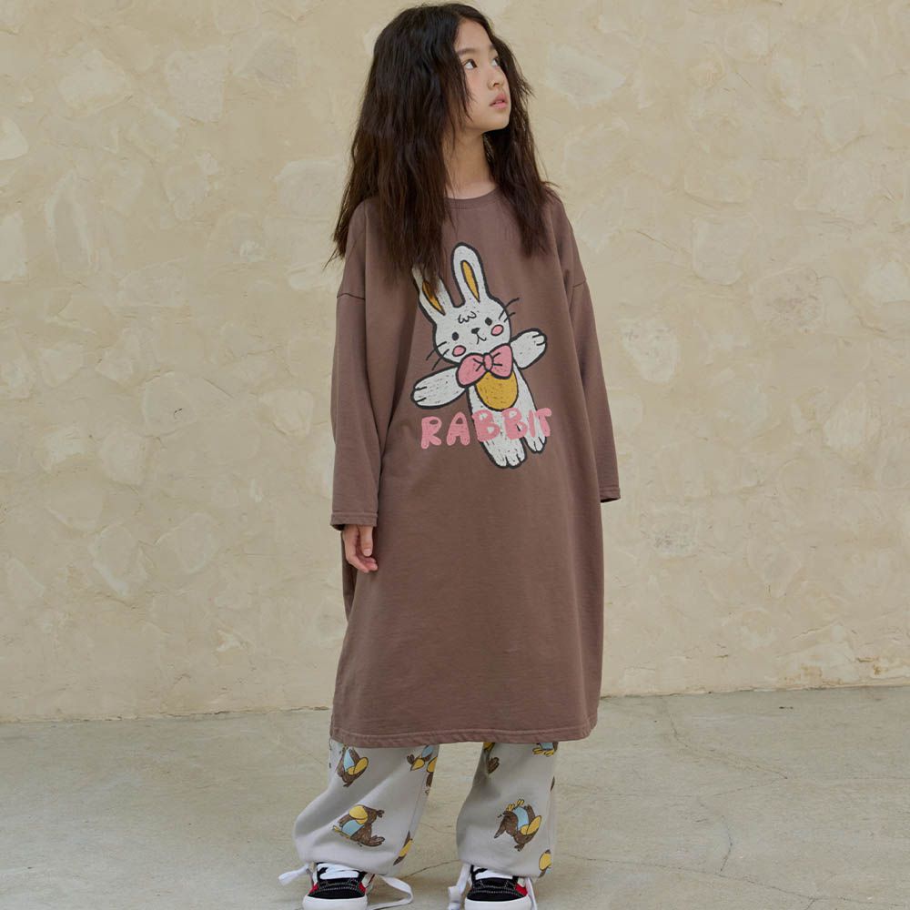 NAVi 兔兔玩偶純棉長袖連身洋裝-咖啡