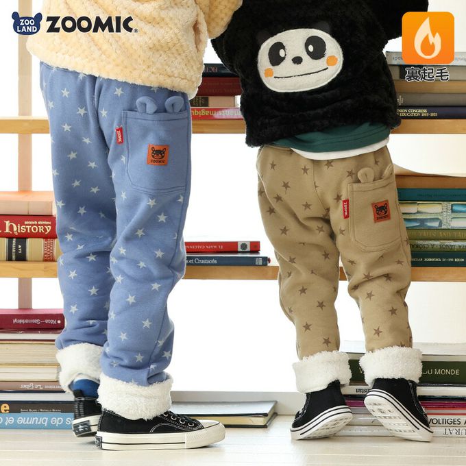 日本 ZOOLAND - 熊耳口袋滿版星星裏毛長褲-卡其