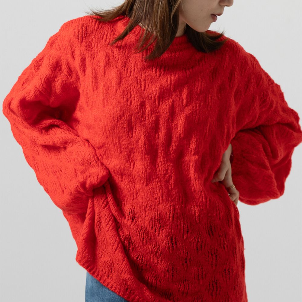 柔軟微透蓬鬆馬海毛針織上衣-紅
