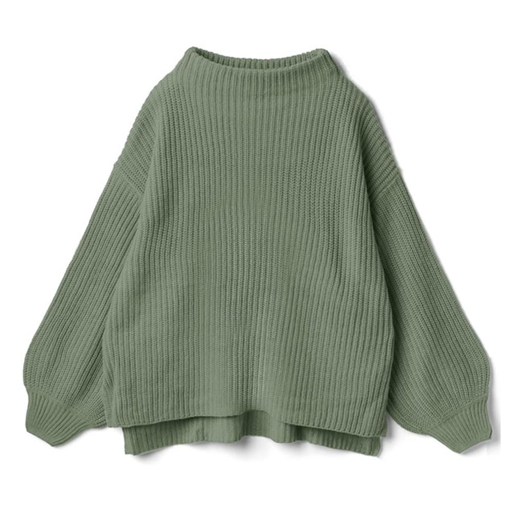 日本 GRL - 寬口立領寬鬆前短後長針織毛衣-綠