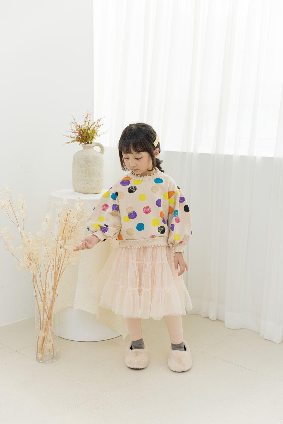 韓國 Orange Mom - 彩色波點卷邊泡泡袖T-深灰